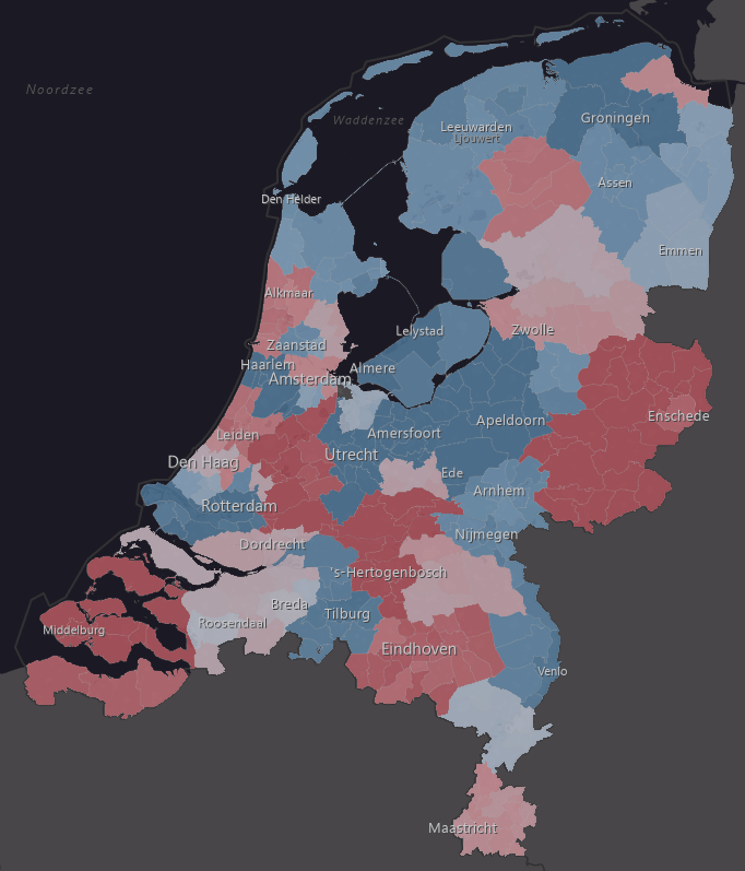 Detailkaart met prijsontwikkeling per gemeente: daling in blauw en stijging in rood 